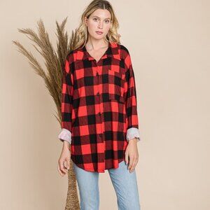 NWT Plaid Button Down Shirt Red Casual Long Sleeve Shirt Size Large